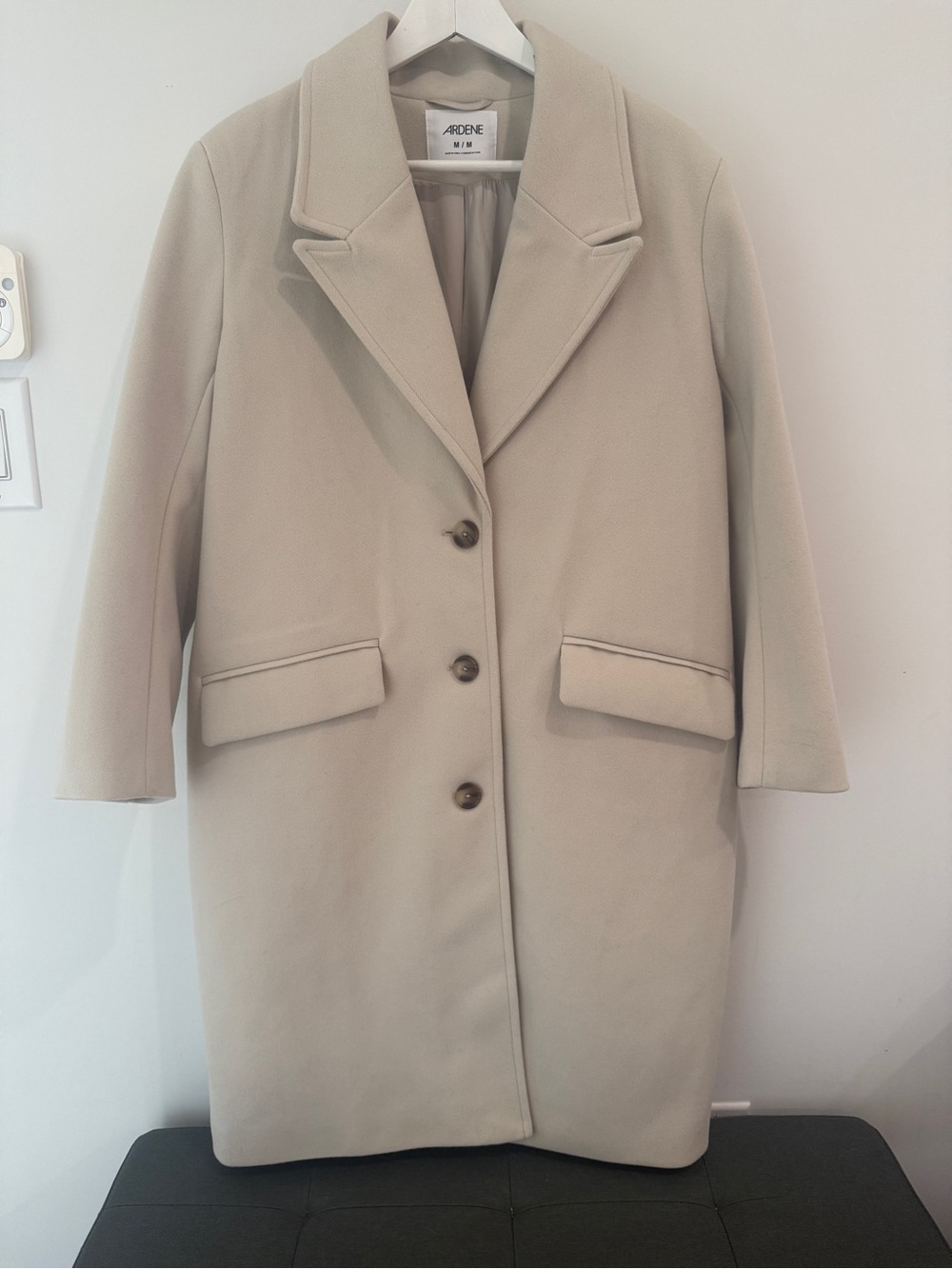 ARDENE Cream Long Coat Size M Lightweight 3 Button Notch Lapel Like New Pockets